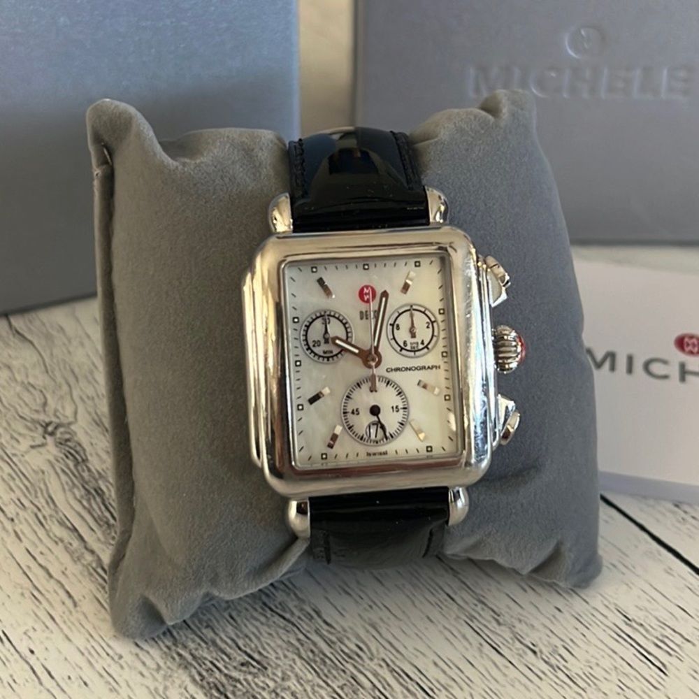 Michele Watch Deco Stainless Steel Patent Leather Chronograph Strap Watch